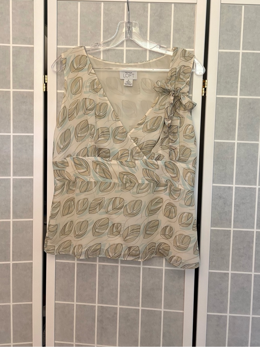 LOFT Cream Silk Shell with Leaf Motif and Tie-Shoulder
